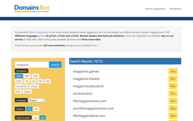 DomainsBot Domain Search Results