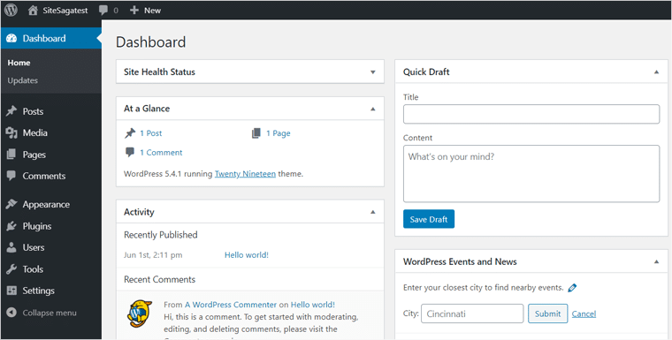 WordPress Admin Area Dashboard