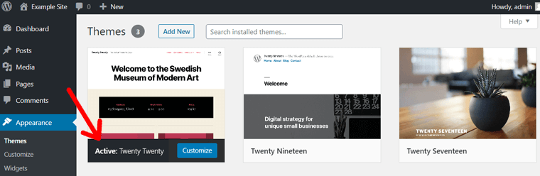 Default WordPress Themes at WordPress Dashboard