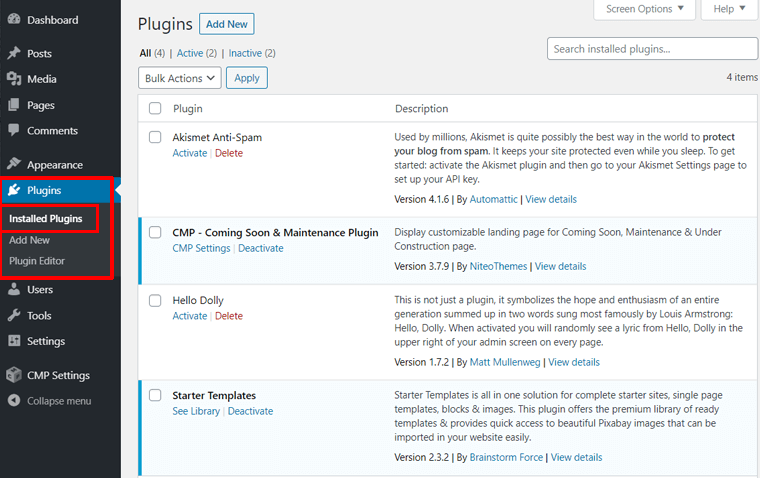 Installed Plugins Page in WordPress Dashboard