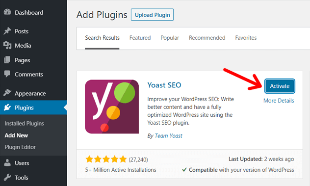 Activate WordPress Plugin, Yoast for Example