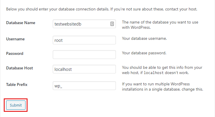 Enter Database Connection Details for Installing WordPress Locally