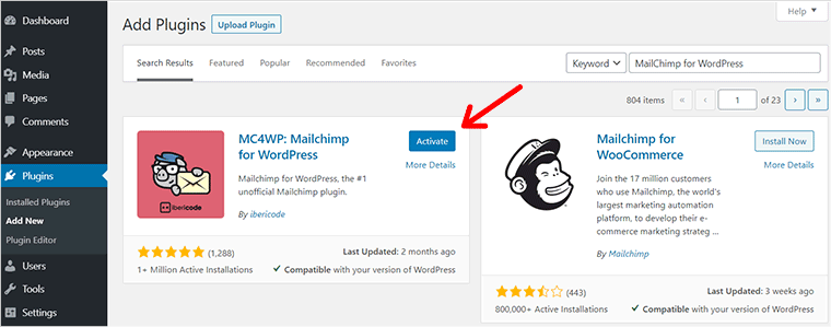Activate MailChimp For WordPress Email Marketing