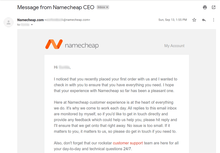 Email from Namecheap's CEO - Relational Email
