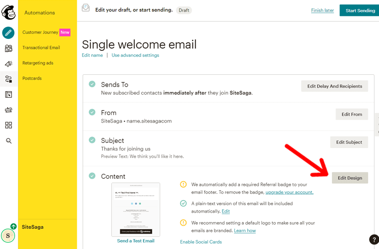 Edit Design of Email Campaign in Mailchimp