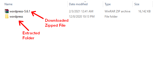 Extracted WordPress Folder and Zip File