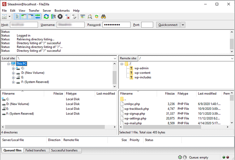 Local Directory and WordPress Server Connected in FileZilla
