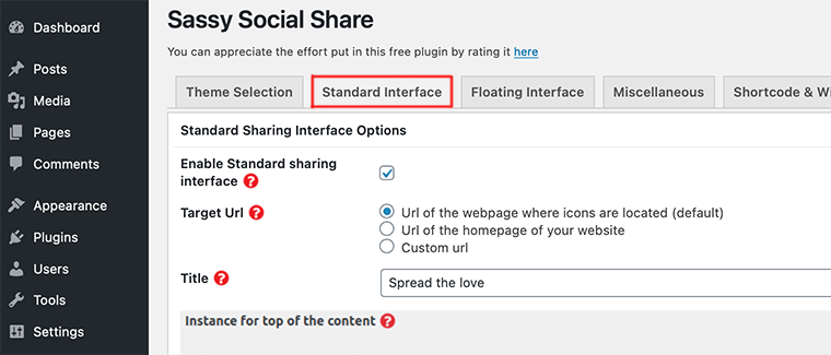 Standard Interface in Sassy Social Share