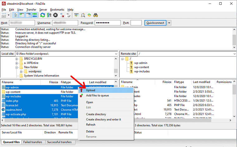 Select and Upload Files and Folders Except wp-content Folder