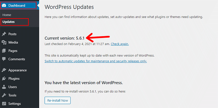 WordPress Version From Updates Menu