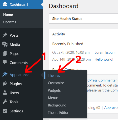 Appearance Themes Option in WordPress Dashboard