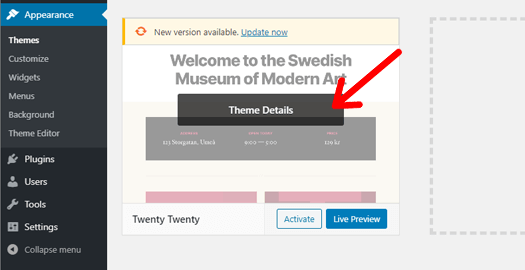 Click on 'Theme Details' Option in WordPress Dashboard