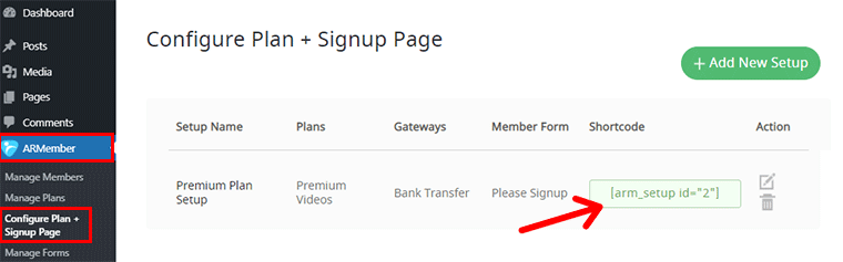 ARMember Shortcode of Signup Page Setup
