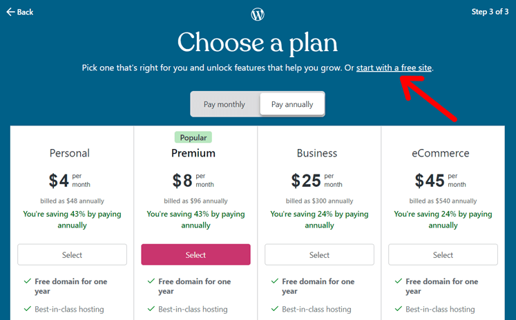 Choose WordPress.com Free Plan