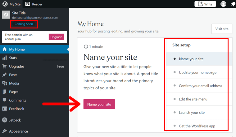Name Your Site to Set up on WordPress.com Dashboard