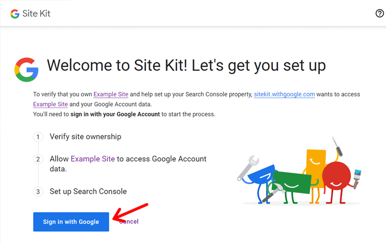 Sign In With Google Account to Set Up Site Kit
