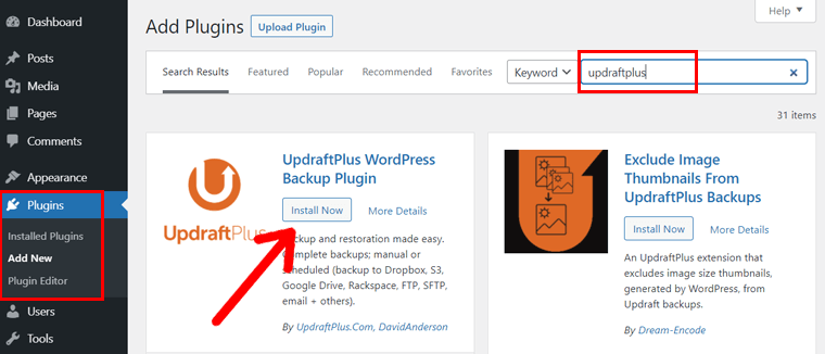 Install Now UpdraftPlus WordPress Plugin
