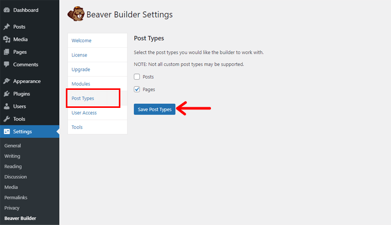 Configuring Beaver Builder-Post Types