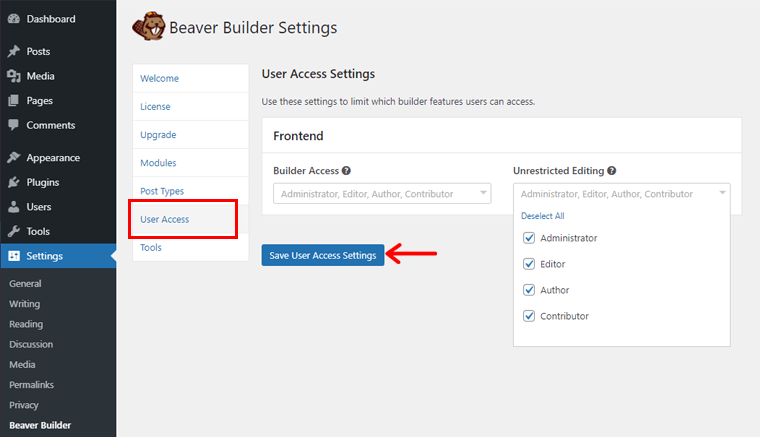Configuring Beaver Builder-User Access