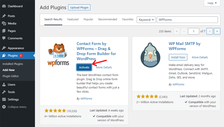 Activate WPForms - contact form in WordPress