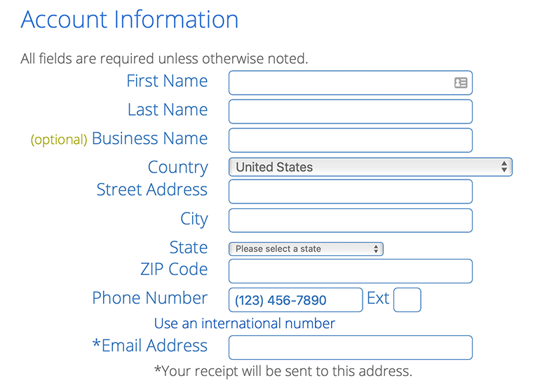 Bluehost Account Information