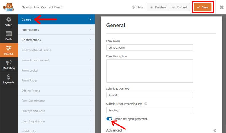 General settings while creating contact form for WordPress
