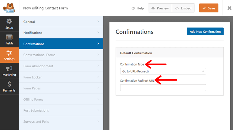 Confirmation showing URL after submitting Contact Form