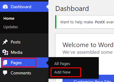 Go to Pages>Add New