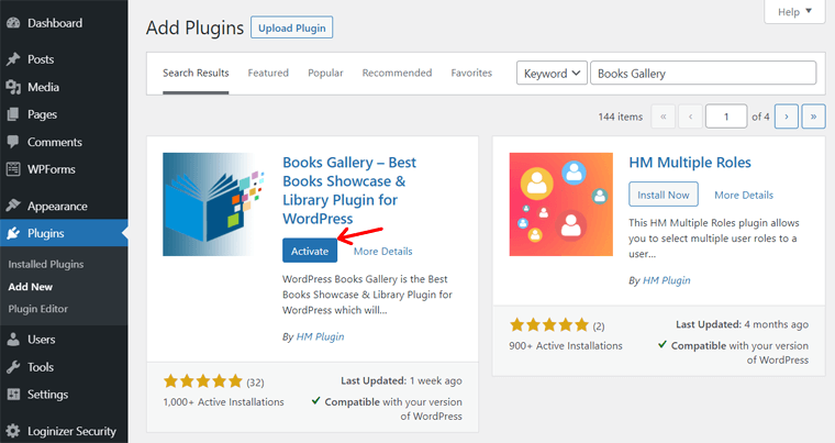 Activating Books Gallery WordPress Plugin