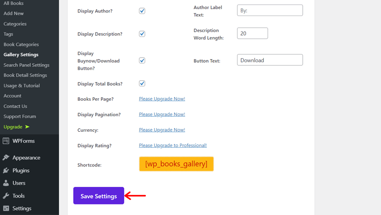 Save Gallery Settings in Books Library Plugin