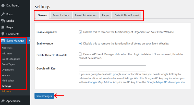 Settings in Core WP Event Manager Plugin