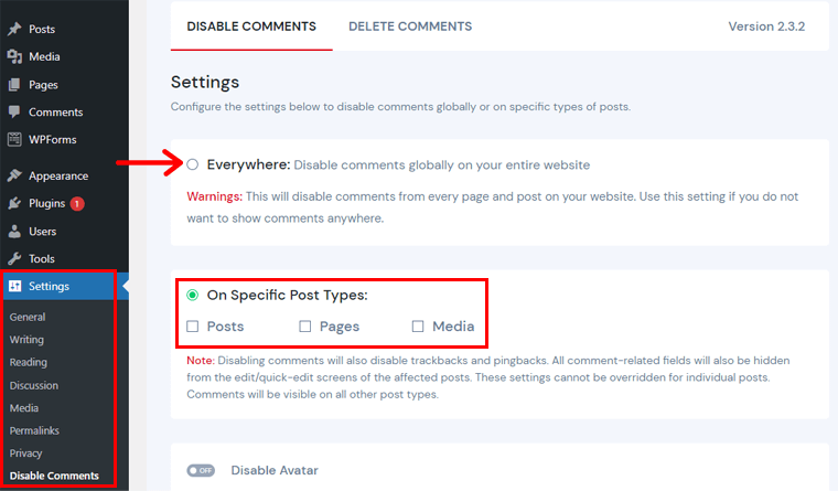 Disable Comments from any Section or Everywhere