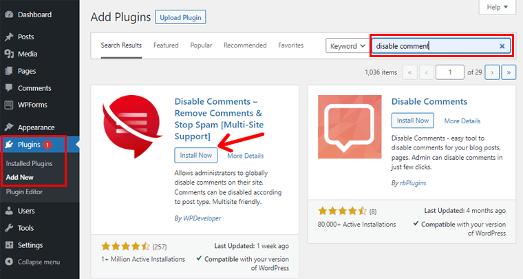 Install Disable Comments Plugin