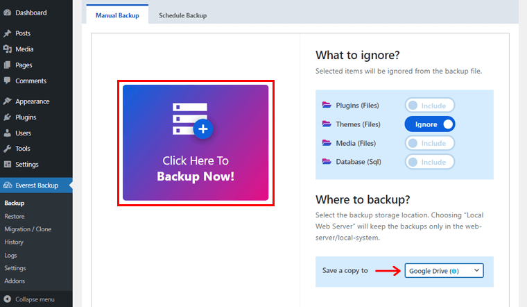 Click Here to Backup Now in Google Drive