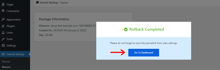 Click on the Dashboard After Rollback Completed 