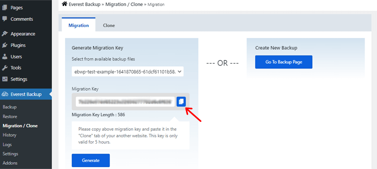 Click on the Icon to Copy the Migration Key