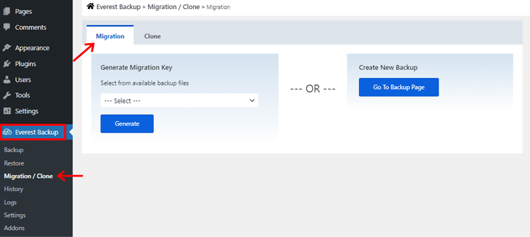 Go to Everest Backup Migration/Clone and Click on Migration