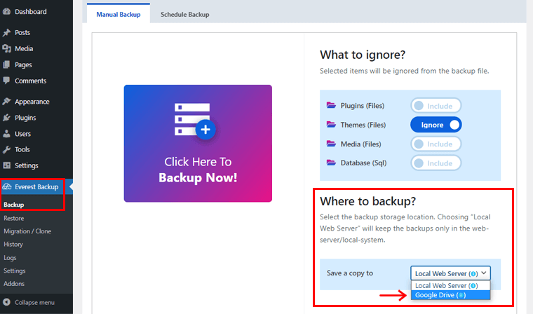 Go to Where to Backup Section and Click on Google Drive