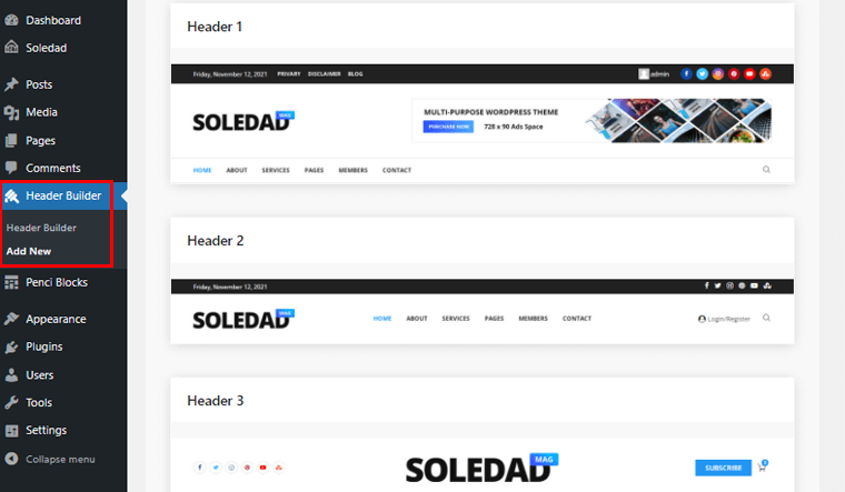 Soledad WordPress Theme Header Builder