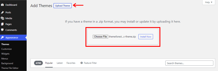 Go to Upload Theme to Install the Premium Avada Zip File