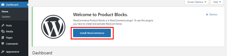 Click on Install WooCommerce Option