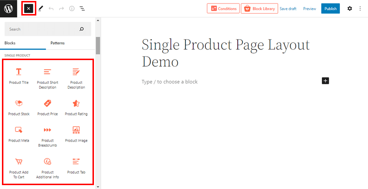 Click the + Icon to Access Single Product Blocks