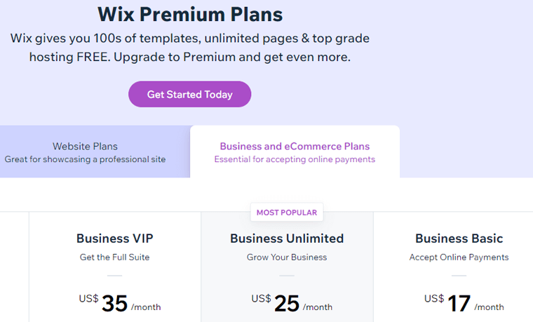 Wix eCommerce Plans