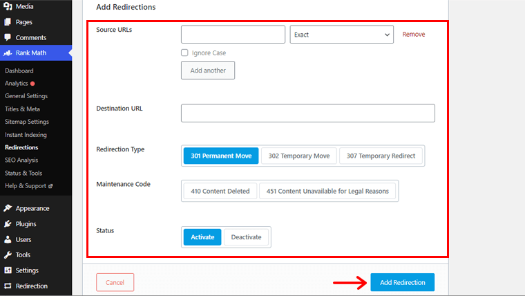 Fill in Required Details for Redirection & Click on Add Redirection Option