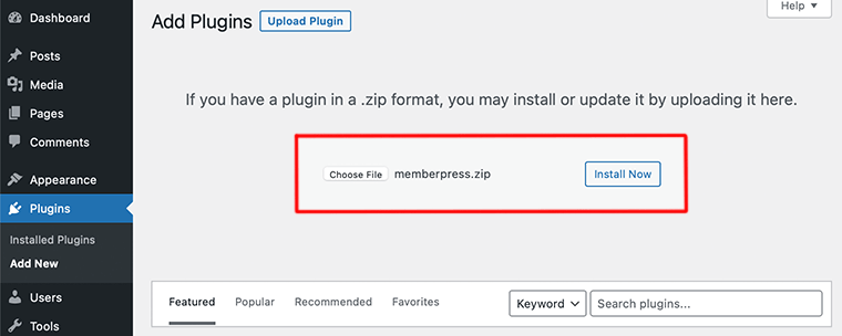 Upload MemberPress Zip File to Dashboard