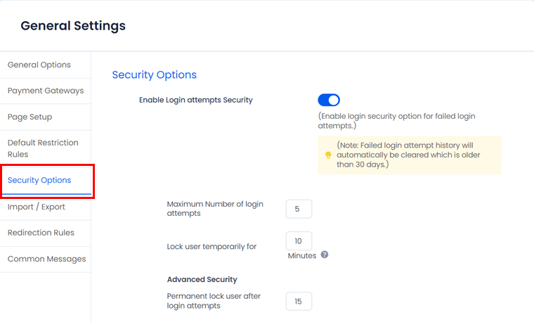 Outstanding Security Options in General Settings