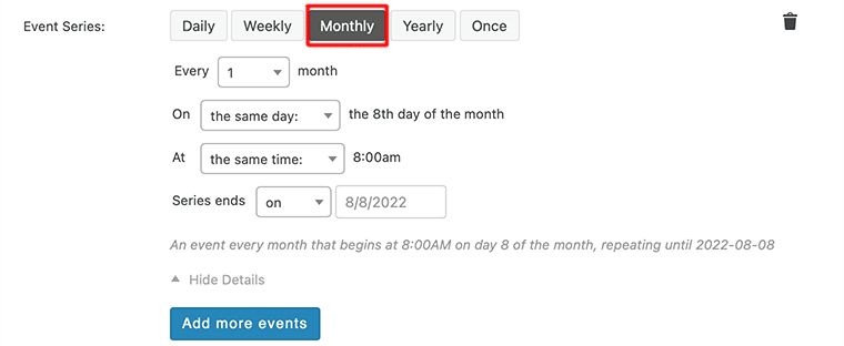 Click on the Monthly Recurring Event Option