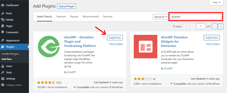 Search GiveWP Plugin and Click on Install Now Button