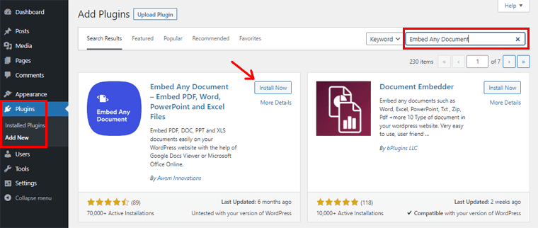 Search and Install Embed Any Document Plugin