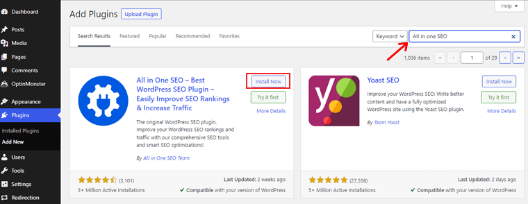 Search and Install AISEO Plugin - Yoast vs All in One SEO